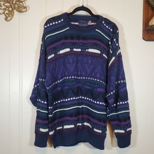 Vintage 3D Knit 80's Purple Green Abstract Pattern Cotton Sweater